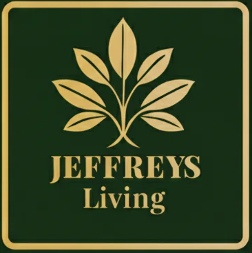 Jeffreys Living logo with gold leaves and text on a green background